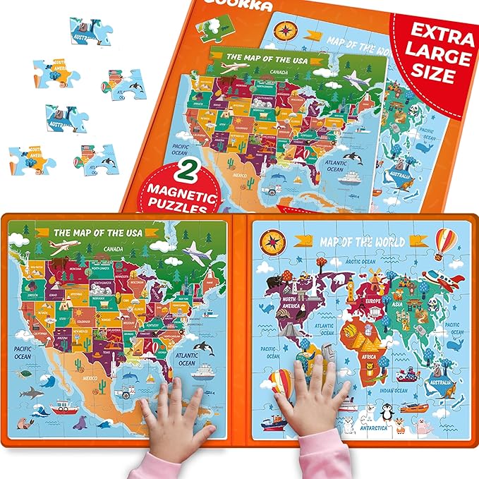 QUOKKA Magnetic Puzzles for Toddlers 3-5 – 2x48 Pieces Travel Games – USA & World Map Learning Magnetic Puzzles for Kids Ages 4-8 – Educational United States Puzzle Gift Toy for Boys and Girls