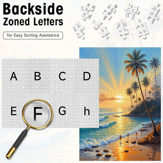 Seaside Puzzles for Adults 1000 Pieces, Tropical Beach Jigsaw Sunset Palm Trees Ocean Waves, 28x20 Inch Coastal Puzzle with Letters on Back, Wall Art, Relaxing Family Game, Easter