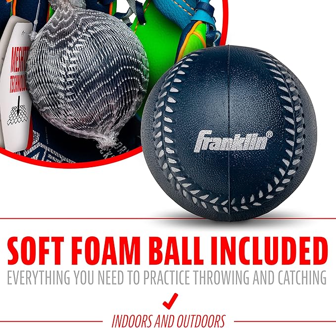 Franklin Sports Kids Baseball Glove + Foam Ball Sets - Meshtek Youth Teeball Gloves for Kids + Toddlers - Left + Right Hand Throw - 9.5" Inch