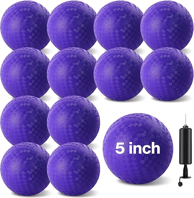 12 Pcs Dodgeballs 5 Inch Playground Ball Kickball Purple Inflatable Rubber Handball Dodge Ball with 1 Hand Pump for Outdoors Ball Games Gym Camps Picnic (Needle is at The Top of The Pump)