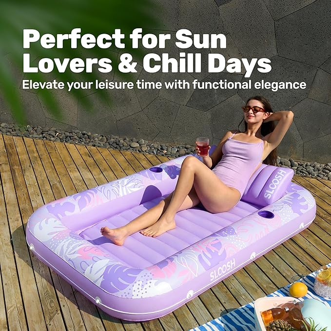 SLOOSH Inflatable Tanning Pool Lounger Float, 70" x 46" Pool Floats Adult with Pillow, 4 in 1 Suntan Tub Raft Floatie,Sunbathing Bed Lounge for Water Blow Up Ball Pit Party Gifts, L-Purple