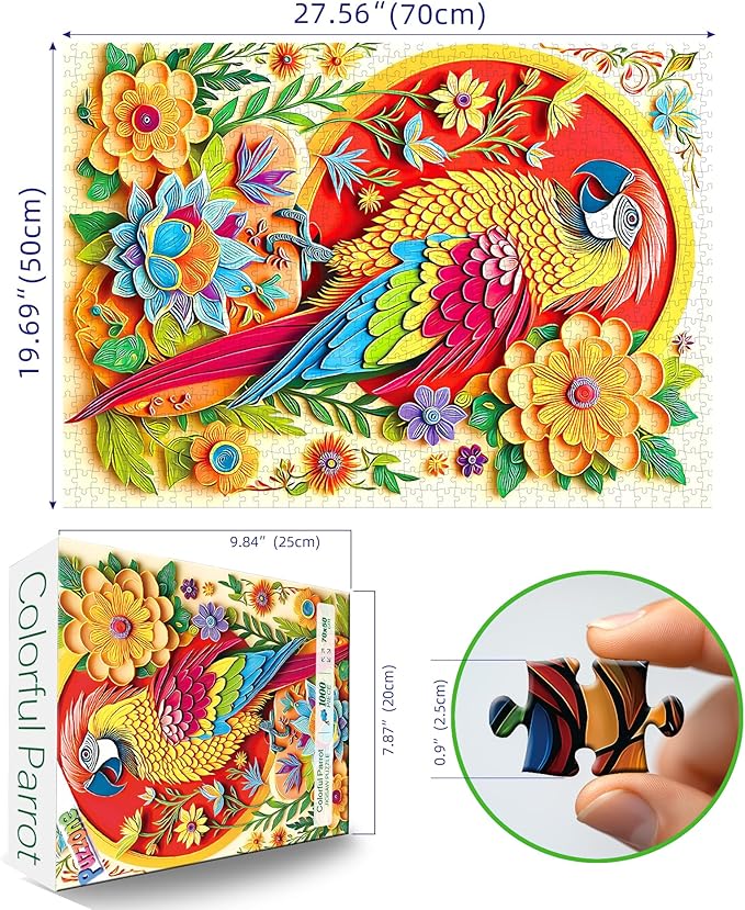 1000 Piece Puzzle for Adults, Colorful Parrot & Floral Design Art Jigsaw Puzzle for Adults with Letters on Back, Challenging and Fun Animal, 27.5" x 19.7"