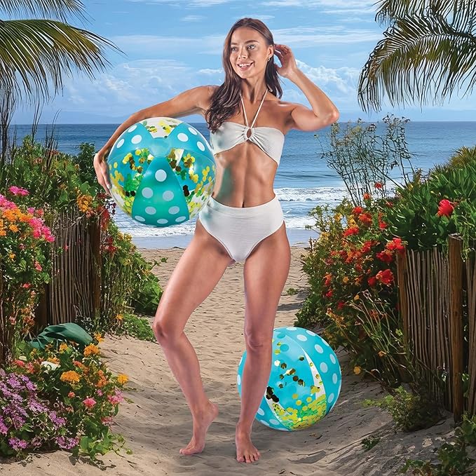 POZA Inflatable Beach Balls - Elegant Glitter Confetti Premium Floaters, Heavy Duty Vinyl Floatation Pool Toys for Pool Beach Party, UV Resistant Pool Décor