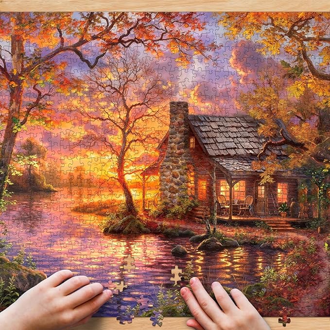 Puzzle for Adults 1000 Pieces, Autumn Peaceful Lakeside Cottage Puzzle, Challening Impossible Difficult Hard Fun 1000 Pieces Jigsaw Puzzles for Adults