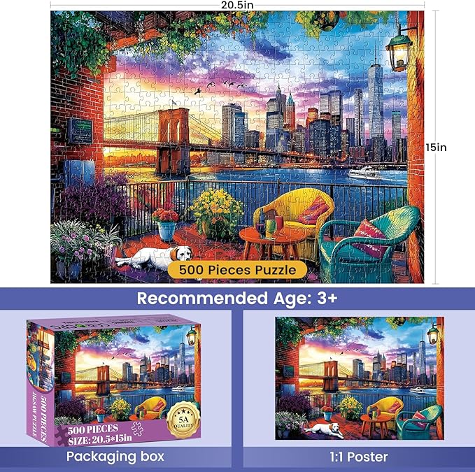 500 Piece Puzzle for Adult,Balcony Sunset Landscape Puzzle for Adult Senior,City Bridge Jigsaw Puzzle with Letters on Back,No Dust,Challenging Family Game Gifts for Friends Men Women Seniors,20.5*15In
