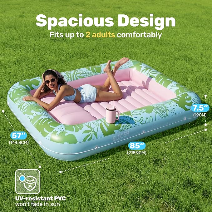 SLOOSH Inflatable Tanning Pool Lounger Float, 85" x 57" Extra Large Pool Floats Adult with Pillow, 4 in 1 Suntan Tub Raft Floatie,Sunbathing Bed Lounge for Water Blow Up Ball Pit, XL-Cyan Pink