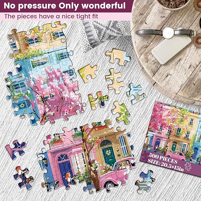 500 Pieces Jigsaw Puzzles for Adults,Beautiful Spring Puzzle for Teens Adults Elderly, Blooming Street City Puzzle 500 Pieces, Cute Puzzles with Letters on Back,Challenging Family Game Gifts,20.5x15in