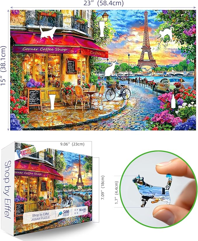 Paris Street 500 Piece Jigsaw Puzzle for Adults & Seniors, Eiffel Tower Cafe Scene Sunset, Romantic Parisian Landscape Travel Art, Family Puzzle with Letters on Back(23" x 15")