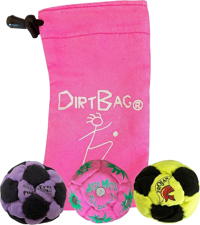 DIRTBAG Lover Footbag 3-Pack with Pouch, Includes Three Original and Unique Premium Quality Hand Sewn Footbags and Carry Pouch.