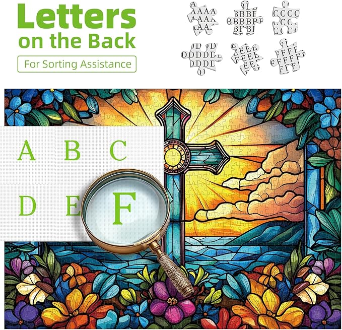 MINIWAN Stained Glass Floral Christian Cross Puzzles for Adults 1000 Pieces, Colorful Sunburst Ocean Cross Jigsaw Puzzle, Religious Gift for Christian Believers Easter Gifts 27.5x19.7 Inch