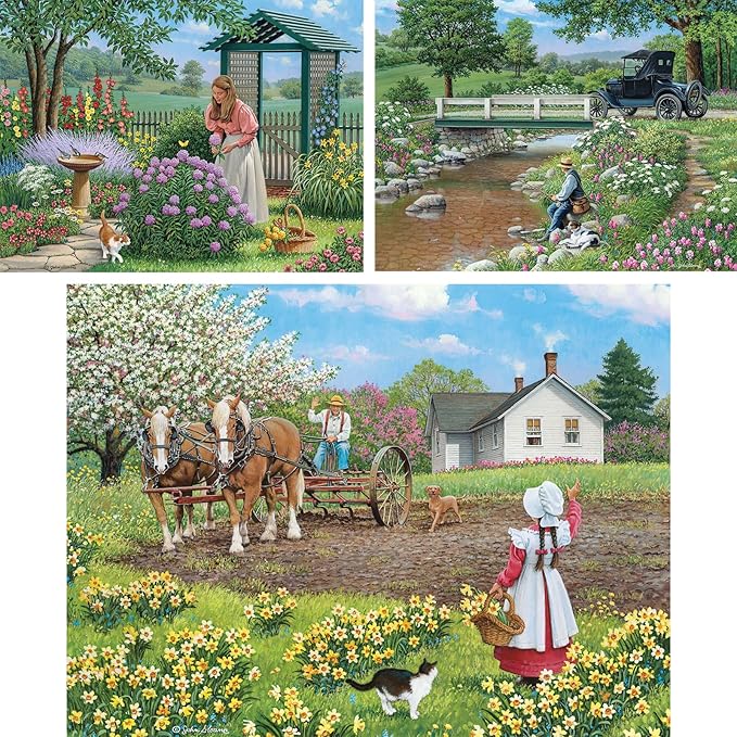 Bits and Pieces - Value Set of Three (3) - 300 Piece Jigsaw Puzzles for Adults - Large Piece 300 pc Classic Gardens Jigsaws Bundle by Artist John Sloane - 18” x 24”