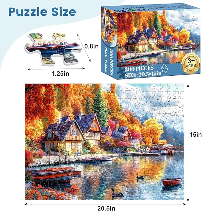 300 Pieces Fall Puzzle for Adults, Autumn lochs Puzzle for Adults, Challenging Game Home Decor Birthday Party Gift Toy for Adults Kids Seniors 20.5×15 inch
