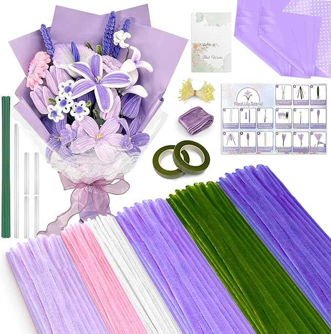 LINAYE 500 PCS Pipe Cleaners Craft, 6 Colors Pipe Cleaners Flowers Kit, Chenille Stems for Crafts with Instruction Wrapping Paper, Flower Stamens, Stems Art and Craft Supplies Purple