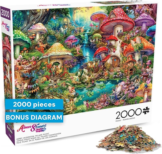 Buffalo Games - Merry Mushroom Village Picnic by Aimee Stewart 2000 Piece Jigsaw Puzzle for Adults with Full Color Poster