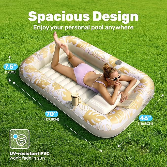 SLOOSH Inflatable Tanning Pool Lounger Float, 70" x 46" Pool Floats Adult with Pillow, 4 in 1 Suntan Tub Raft Floatie,Sunbathing Bed Lounge for Water Blow Up Kids Ball Pit Party Gifts, L-Golden White