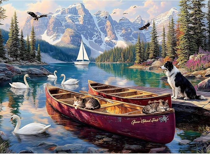 500 Piece Puzzle for Adults – Swan, Cat and Dog on Boat at National Park Lake Nature Jigsaw Puzzle, Challenging Perfect for Game Nights, 20.5 X 15 in
