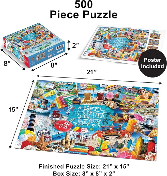 MasterPieces 500 Piece Jigsaw Puzzle for Adults, Family, Or Youth - Greetings from the Beach - 15" x 21"