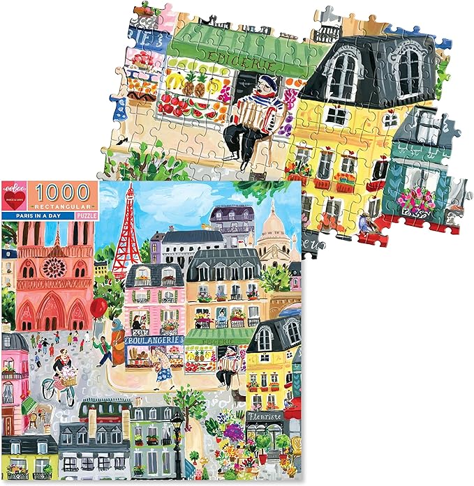 eeBoo 1000 Piece Puzzle - Paris in a Day Jigsaw Puzzle for Adults, Rectangular 28" x 21" Made with Recycled Board & Vegetable-Based Ink