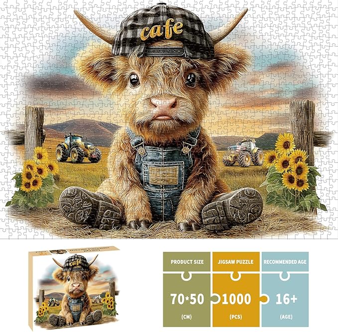 Puzzles for Adults 1000 Pieces, Highland Cow Jigsaw Puzzles - Cool Calf, Impossible Cow Puzzle for Seniors Family, 27.56 x 19.69 inches, 1:1 Poster, Letter on The Back