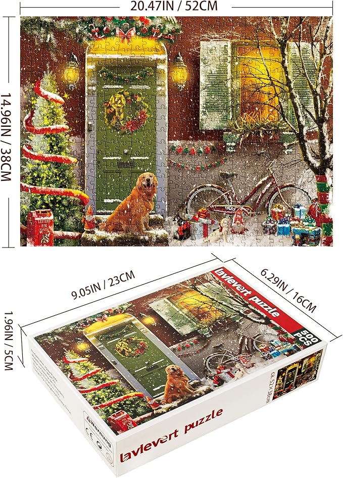 Lavievert Jigsaw Puzzle 500 Piece Puzzle for Adults - Christmas on Doorstep, Smiling Golden Retriever