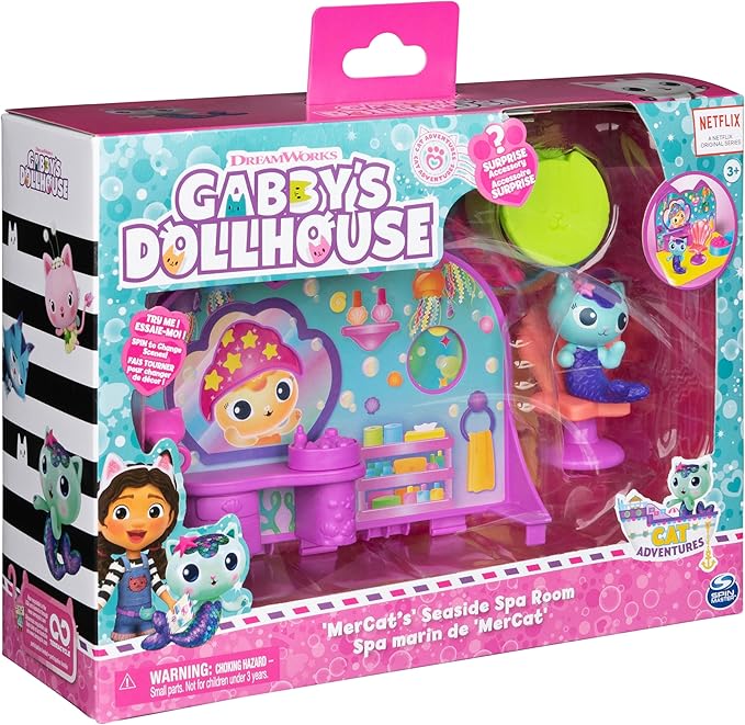 Gabby’s Dollhouse, MerCat’s Spa Room Playset, with MerCat Toy Figure, Surprise Toys and Dollhouse Furniture, Kids Toys for Girls & Boys 3+