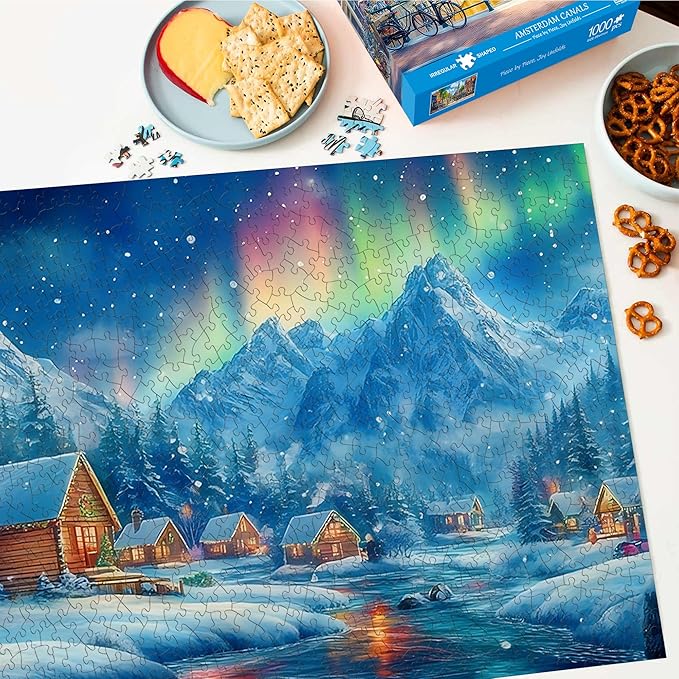 Bimkole Winter Aurora Puzzles for Adults 1000 Pieces, Snow House Paper Jigsaw Puzzle 1000 Pieces - Fun and Challenging Family Decoration Puzzle Great Gift Idea, Finished Size is 31.5 x 16.14 in