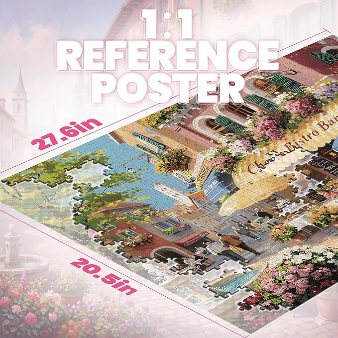 Puzzles for Adults 1000 Pieces, Spring Italy Bistro Flower Street Landscape,1000 Piece Puzzle for Adults Seniors, European Hard Jigsaw Puzzles with Letters on Back, 1:1 Poster