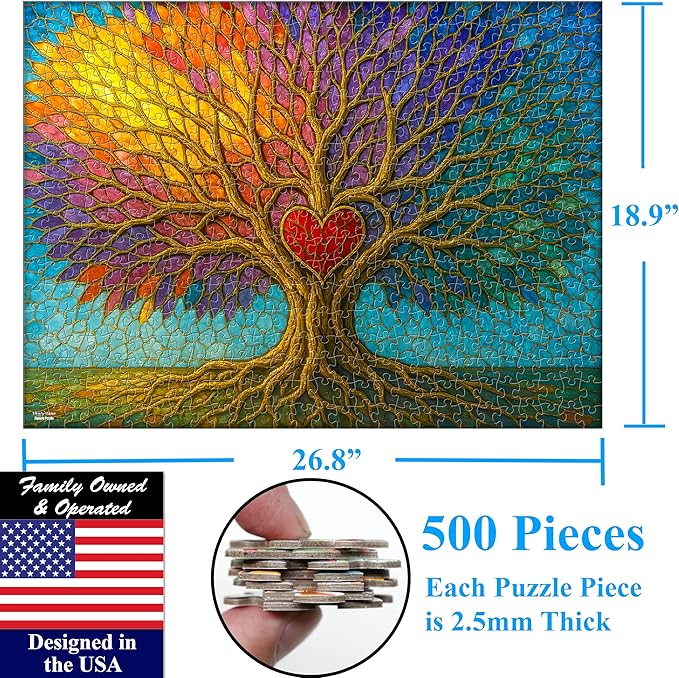 Think2Master Colorful Vibrant Stained Glass Style Artwork Tree of Life 500 Pieces Very Large Pieces Jigsaw Puzzle: 13+, Adults & Seniors. Great Gift. Size: 26.8” X 18.9”