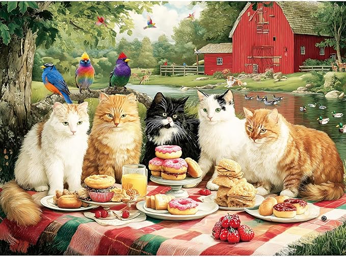 300 Piece Puzzles for Adults, Spring 300 Piece Puzzles for Adults Large Piece, Cats Having Picnic Jigsaw Puzzle Funny Gift for Adult Kids Challenging Family Games Toy, 20.5 X 15 in