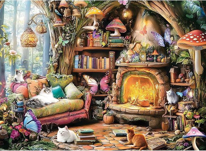 500 Piece Jigsaw Puzzle for Adults Clearance, Spring Fantasy Cats Mushrooms Jigsaw Puzzle, Animals Plant Puzzles for Adults 500 Pieces, Relaxing Puzzle for Home Decor