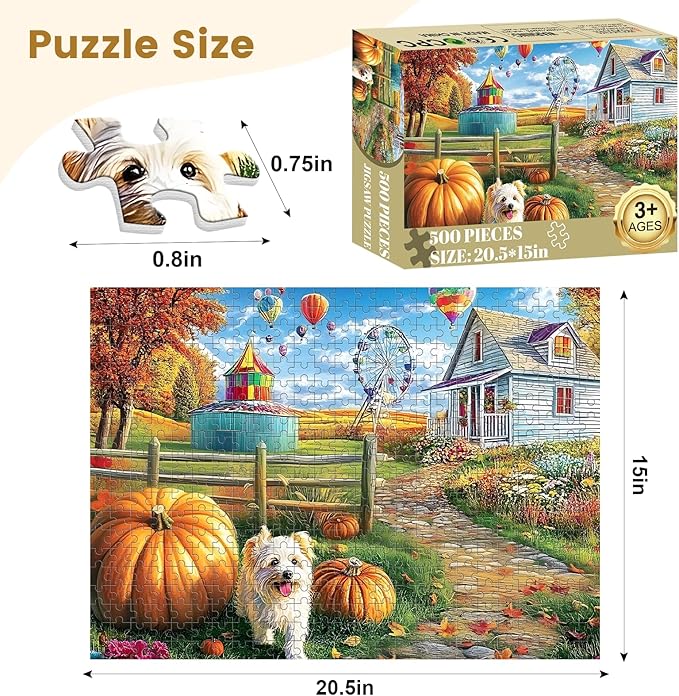 500 Piece Jigsaw Puzzle for Adults, Hot Air Balloon Farm Dog Puzzles, Funny Puppy Jigsaw Puzzles, Animal Pet Lover Challenging Puzzles for Friends Family Activity Game Nights Gifts