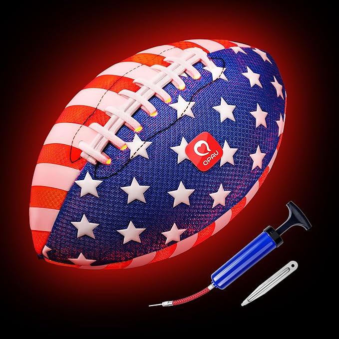 QPAU 10.5" Glow in The Dark Football (Size 6, 1 Pack), Light Up Youth Football with Pump & Batteries, Outdoor Toys & Games for Boys Girls, Birthday Gifts for Kids and Teens