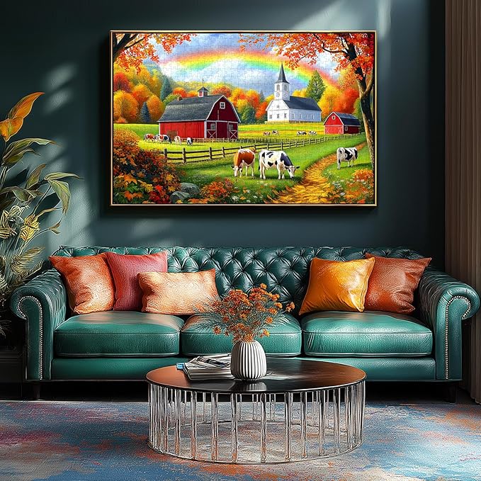 MINIWAN 500 Piece Puzzles for Adults - Farm Rainbow Cow Jigsaw Puzzle, 23x15 Inches with Unique Irregular Shaped Pieces for Relaxation & Home Wall Decor