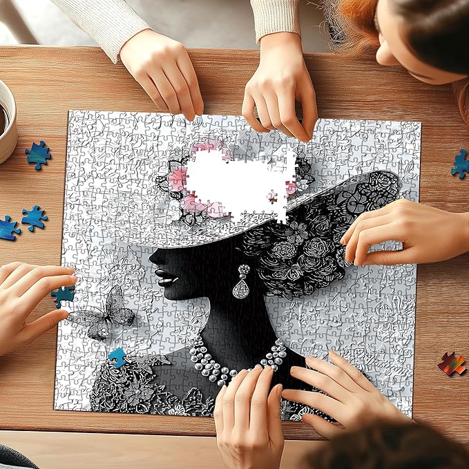 Elegant Woman with Floral Hat 500 Piece Jigsaw Puzzle for Adults, Black and White with Pink Flowers, 20 x 20 Inches Vintage Artwork for Home Decor, Perfect for Stress Relief