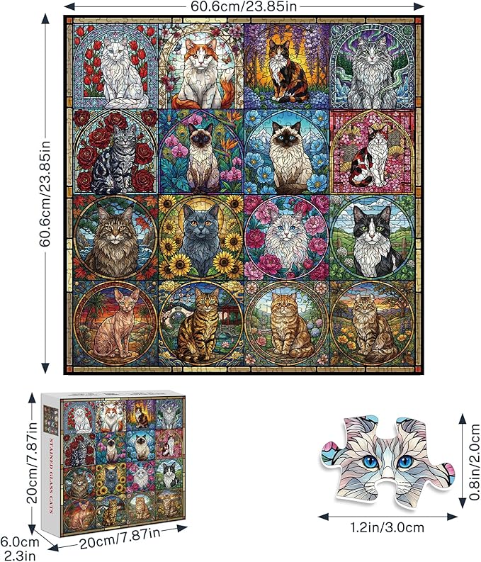 Stained Glass Puzzle Cat Puzzles for Adults 1000 Pieces, Mosaic Art Colorful Flowers Cat Jigsaw Puzzles 1000 Pieces, Hard Difficult Funny Jigsaw Puzzles for Adults