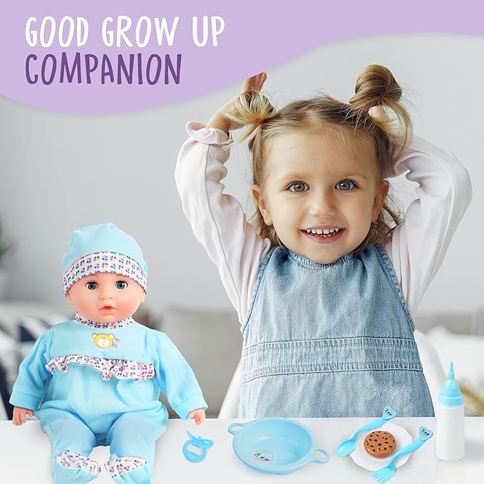 Toy Choi's Interactive Baby Doll - 16 Inch Crying Talking Feeding Dolls with Different Sounds and Accessories, Pretend Play Preschool Toys for 2 3 4 5+ Year Old Girls Boys Gift, Blue