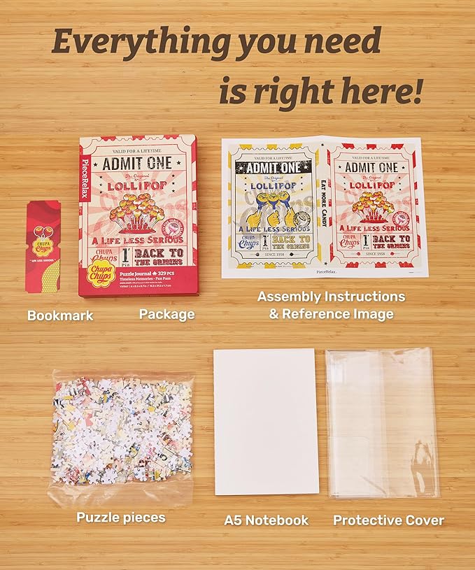 PieceRelax A5 3D Puzzle Journal for Adults, 300 Piece Plastic Jigsaw Book Cover (Includes Notebook) - Chupa Chups_Timeless Memories - Fun Pass, Unique Gift [YA1067]