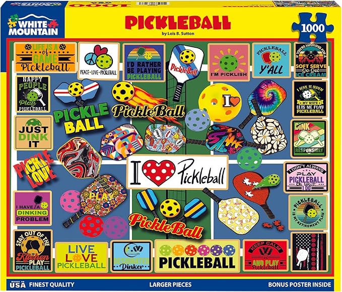 White Mountain 1000 Piece Jigsaw Puzzle Pickleball Lover Sport Collage Puzzles with Large Pieces for Adults and Family 24"x30" - Pickleball