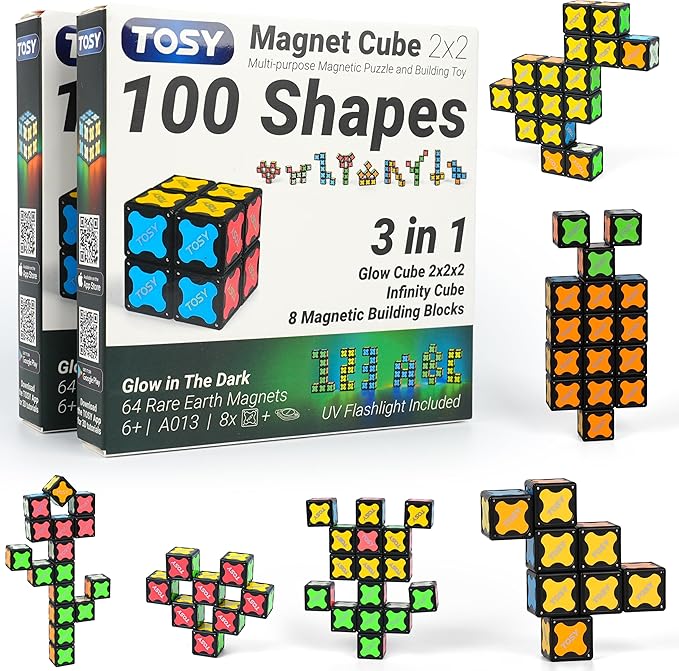TOSY Magnet Cube 2x2 - 8 Blocks, 2in1 Toy: 2x2x2 Puzzle Cube and Customizable Infinity Cube, Easter Basket Stuffers Gifts for Kids/Grandkids, Glowing w/ UV Flashlight, STEM Toy, 2-Pack
