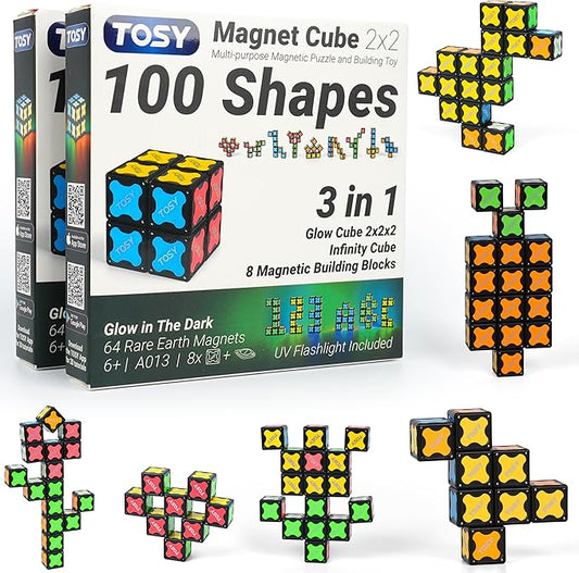 TOSY Magnet Cube 2x2 - 8 Blocks, 2in1 Toy: 2x2x2 Puzzle Cube and Customizable Infinity Cube, Easter Basket Stuffers Gifts for Kids/Grandkids, Glowing w/ UV Flashlight, STEM Toy, 2-Pack