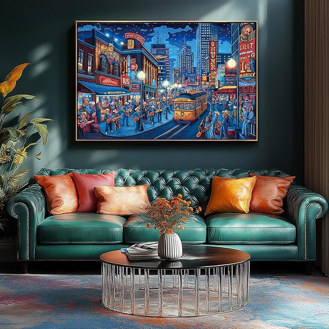 500 Piece Puzzles for Adults Clearance, Street Blues Cityscape Vintage Night Scene with Musicians Hard Difficult Challenging Unique Puzzles for Gifts Party Games Family Fun, 23" X 15" Dust Free