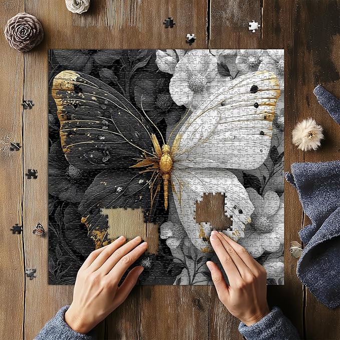 Yin Yang Butterfly Puzzle for Adults 1000 Pieces, Black and White Wings Flower Animal Puzzle, Beautiful Butterfly Among Floral Jigsaw Puzzle, Impossible Difficult Hard Challenge for Adults