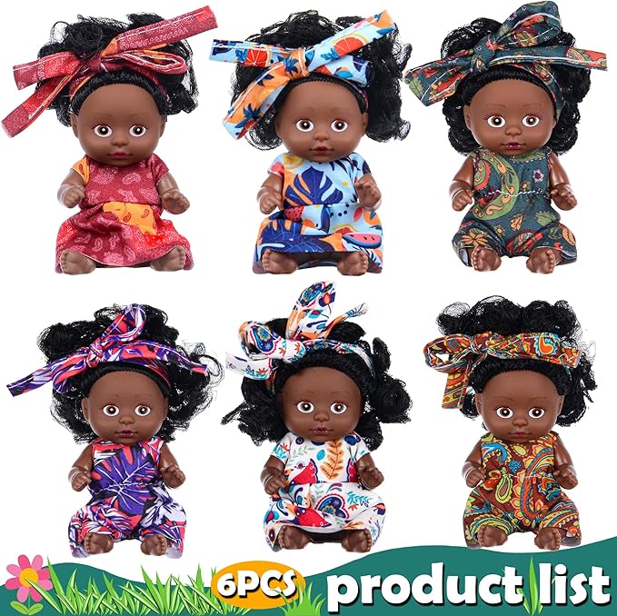 dollbie 6 Pack 4 Inch African Girl Dolls Set - Black Mini Dolls with Colorful Outfits & Hairbands – Gift for Girls 3-6, 6-12 Educational Toys & Decorative Figures