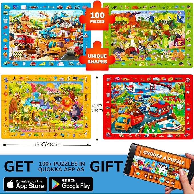 QUOKKA 100 Piece Puzzles for Kids Ages 4-6 – 4xSET Jigsaw Puzzles for Kids Ages 6-8 – Educational Search & Find Game with Animals, Cars for Childrens 5-8 – Toddler Learning Toy Gift for Boys and Girls