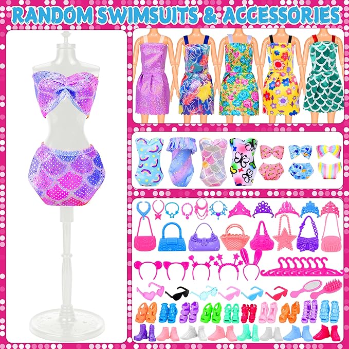 85 Pack Doll Clothes and Accessories, 3 Wedding Gowns 9 Fashion Dresses 3 Tops 3 Pants 1 Bikini Swimsuits 4 Slip Dress 20 Shoes 20 Hangers 28 Accessories for 11-12 Inch Dolls Gift for Ages 6 7 8 9 10
