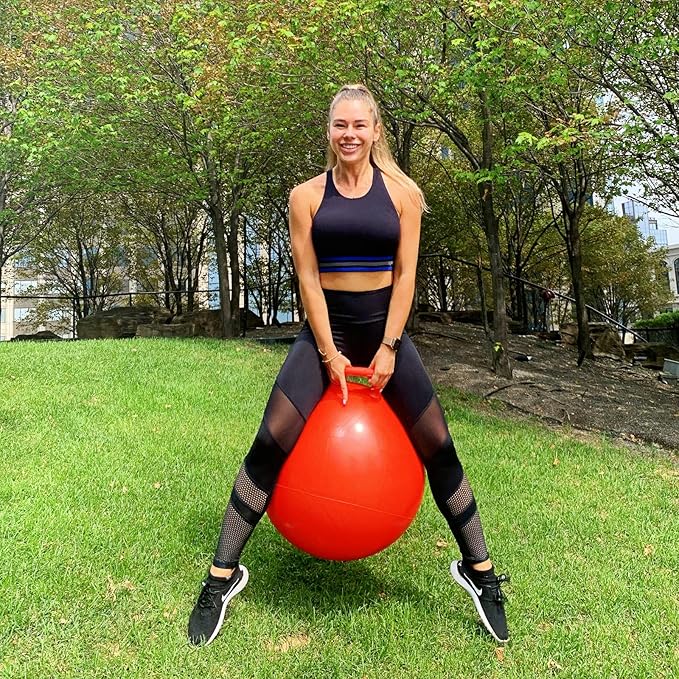 AppleRound Space Hopper Ball with Air Pump: 28in/70cm Diameter for Age 13+, Kangaroo Bouncer, Bouncy Ball with Handle, Hippity Hoppity Hopball for Teens & Adults, Plain Color (Red)
