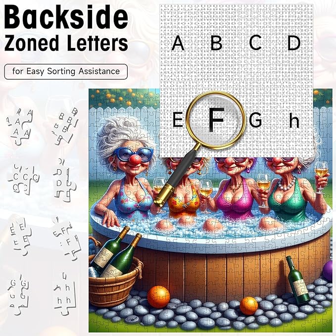 500 Piece Puzzles for Adults, Funny Senior Ladies Hot Tub Jigsaw Puzzle with Wine Scene, Cardboard Puzzle with Letters on Back for Game Nights & Home Decor, 18×18 Inch
