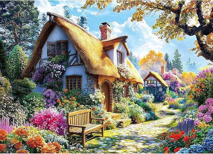 Thatched Cottage Garden Jigsaw Puzzle 1000 Pieces for Adults – Vibrant Floral Countryside Scene, Intricate Nature Art Puzzle, Stress-Relieving Relaxation Activity (27.56" x 19.69")