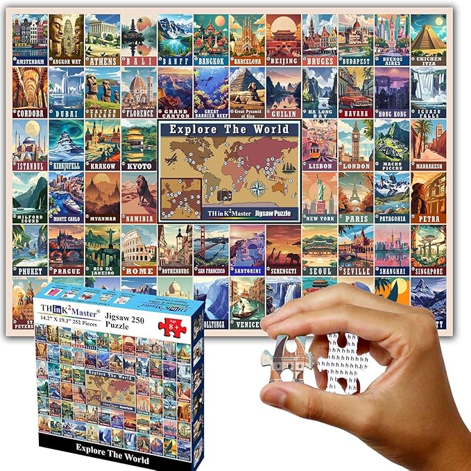 Think2Master Colorful Vintage World Destinations 250 Pieces Jigsaw Puzzle. Fun Educational Puzzle for Families. Great Gift for Teens & Adults with Interested in Traveling 14.2” X 19.3”