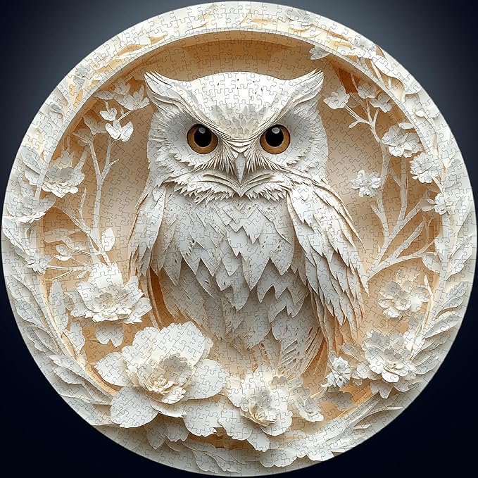 Owl Jigsaw Puzzles for Adults 1000 Pieces - Round Puzzle with 3D Stereo Visual Effect, Paper White Bird Animal Puzzles with Letters on Back, Challenging Hard Difficult Art Puzzle as Home Decor
